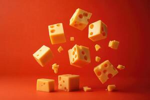 Swiss Cheese Cubes Floating Against Red Background photo