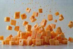 Cubes of Swiss Cheese Falling and Piling Up photo