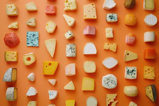 Assortment of Various Cheeses on an Orange Background photo