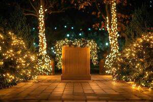 Festive Wooden Stand Decorated with Twinkling Lights and Greenery photo