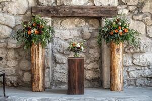 Rustic Wooden Archway with Floral Arrangements Against a Stone Wall photo