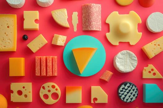 Assortment of Various Cheeses on a Pink Background photo