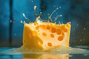 A Block of Swiss Cheese Creating a Water Splash photo