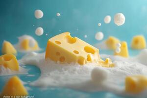A piece of Swiss cheese in a sea of frothy milk photo