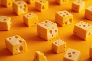 Yellow Cheese Cubes with Holes on Orange Background photo