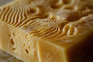 Close-up of a Swiss Cheese Block with Visible Holes and Texture photo