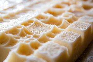 Close-up of Creamy White Soap Bars with Intricate Designs photo