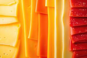 Close-up of Sliced Cheese and Salami, Yellow, Orange and Red photo