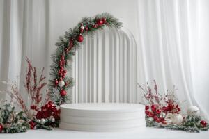 White Christmas Decor with a Circular Platform photo