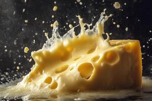 A piece of Swiss cheese with large holes, splashing and creating a wave of melted cheese on a dark surface. photo