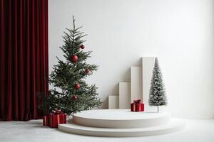 Minimalist Christmas Scene with Red Velvet Curtains, Christmas Trees, and Gifts on a White Platform photo