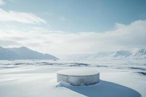 A Single Concrete Platform in a Snowy Mountain Valley photo