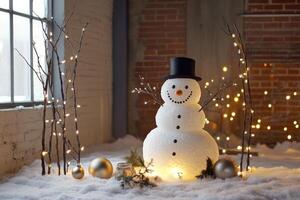 Snowman with Top Hat and String Lights in a Snowy Setting photo