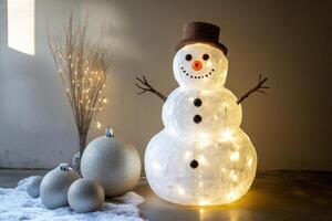 Illuminated Paper Mache Snowman with Silver Ornaments photo