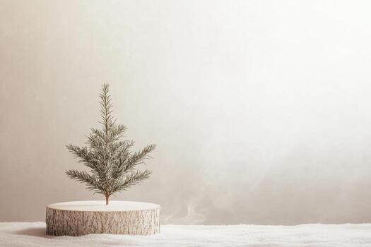 Small Pine Tree on a Wooden Slab in a Snowy Landscape photo