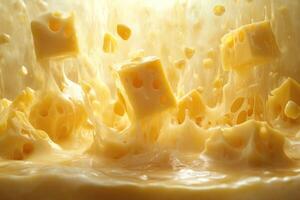 Swiss Cheese Cubes Splashing into Melted Cheese photo