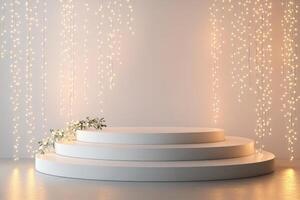 White Circular Platform with String Lights and Greenery photo