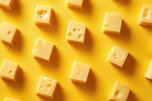 Square Cubes of Swiss Cheese on a Yellow Background photo