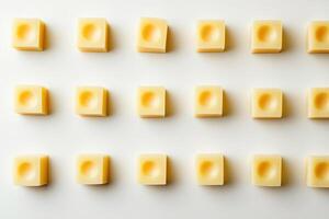 Square-shaped yellow wax blocks with a round indention on a white background photo