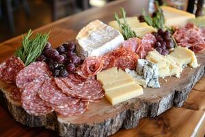 A Wooden Platter of Salami, Cheese, and Grapes photo