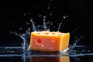 A block of Swiss cheese hitting water and creating a splash. photo