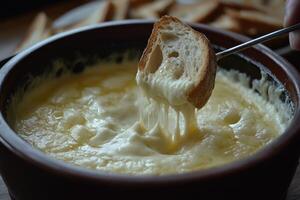 Close-up of a Bread Cube Dipping in Creamy Cheese Fondue photo