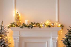 White Fireplace Mantel Decorated with Christmas Lights and Ornaments photo
