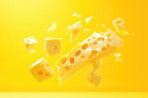 Floating Swiss Cheese Pieces on a Yellow Background photo