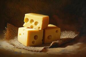 Still Life with Three Cubes of Swiss Cheese on Burlap photo