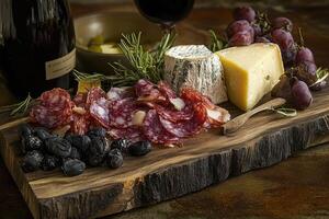Salami, Cheese, Grapes, Olives, and Rosemary on a Wooden Cutting Board photo