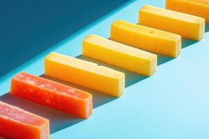 Gradient of Yellow and Orange Soap Bars on Blue Background photo