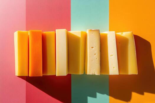 A Row of Seven Different Varieties of Cheese on a Colorful Background photo