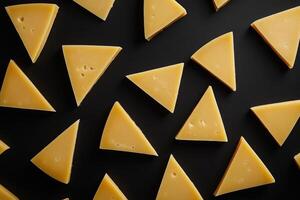 Triangular Pieces of Yellow Cheese on Black Background photo