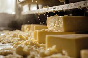 Blocks of cheese being grated into shavings photo