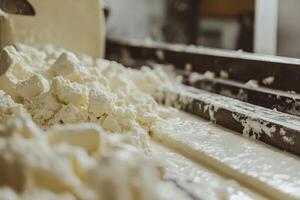 Close-up of White Dairy Product on a Conveyor Belt in a Processing Plant photo