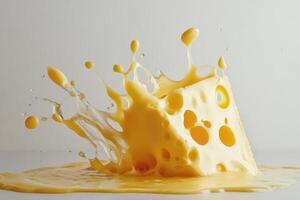 A Piece of Swiss Cheese Splashes and Spreads on a White Surface photo