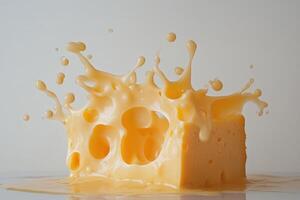 A Block of Swiss Cheese with Melted Cheese Splashes photo