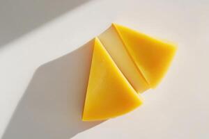Two Triangular Pieces of Yellow Cheese on a White Surface photo