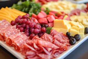 Close-up of a Platter with Salami, Cheese, Grapes, and Watermelon photo