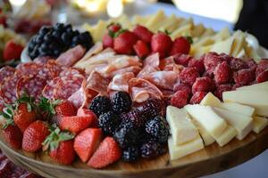 A Wooden Platter with Salami, Cheese, Strawberries, Blackberries, and Raspberries photo