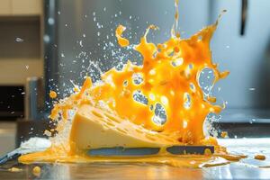 A Wedge of Swiss Cheese with Melted Cheese Splashing Around It photo