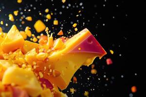 A Chunk of Swiss Cheese Explodes into a Shower of Yellow and Orange Fragments photo