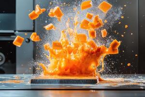 Orange Cubes Exploding and Splashing on a Cutting Board photo
