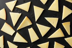 Triangular Slices of Yellow Cheese on a Black Surface photo