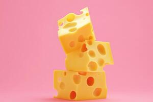 Stack of Three Swiss Cheese Cubes on Pink Background photo