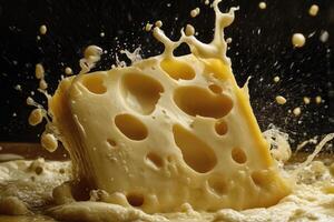 A Close-Up of a Block of Swiss Cheese Splashing into a Liquid photo