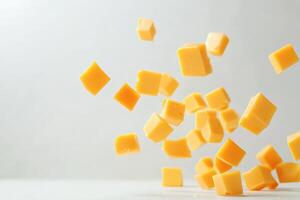 Floating Cubes of Yellow Cheddar Cheese Against a White Background photo