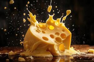 A Piece of Swiss Cheese Splattered and Falling on a Wooden Surface photo