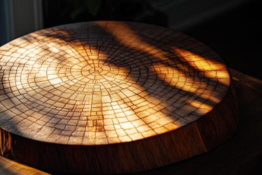 Circular Wooden Cutting Board with Sunbeams and Grain Pattern photo