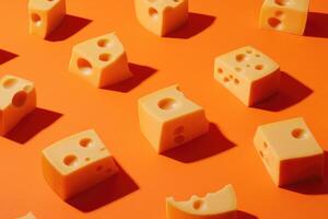 Yellow Cheese Cubes with Holes on an Orange Background photo